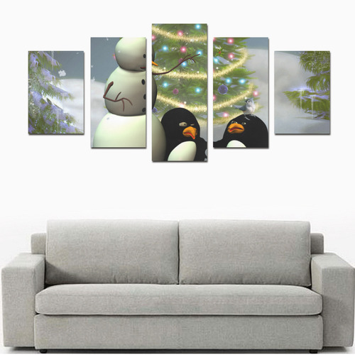 Snowman with penguin and christmas tree Canvas Print Sets D (No Frame)