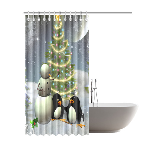 Snowman with penguin and christmas tree Shower Curtain 69"x84"