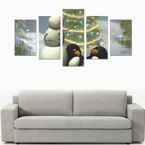 Snowman with penguin and christmas tree Canvas Print Sets C (No Frame)