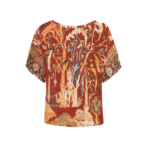 Antique Fantasy Persian Rug Animals People Women's Batwing-Sleeved Blouse T shirt (Model T44)