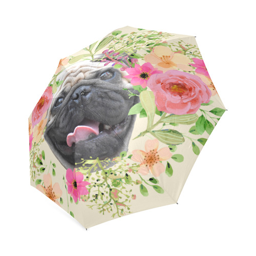 Watercolor Floral Pug Pink Tongue Dog Foldable Umbrella (Model U01)