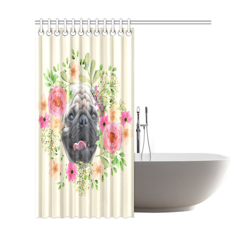 Watercolor Floral Pug Pink Tongue Dog Shower Curtain 69"x72"