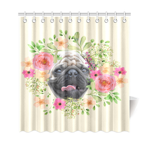 Watercolor Floral Pug Pink Tongue Dog Shower Curtain 69"x72"