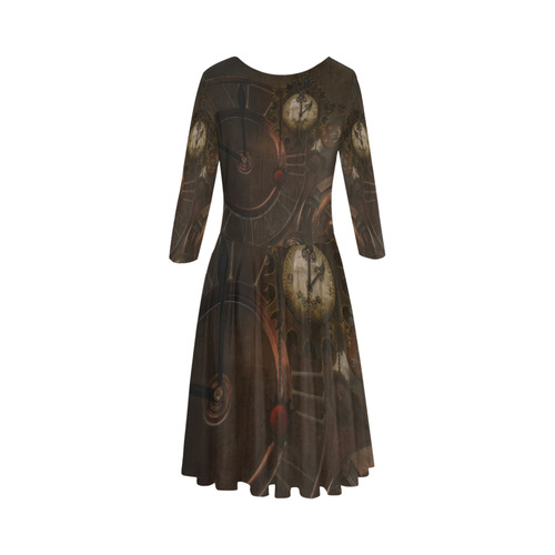 Vintage gothic brown steampunk clocks and gears Elbow Sleeve Ice Skater Dress (D20)