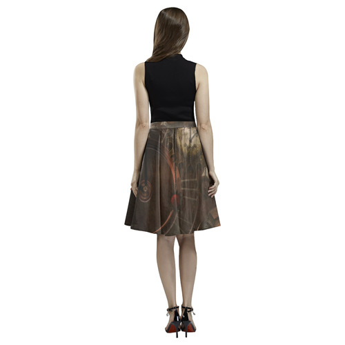 Vintage gothic brown steampunk clocks and gears Melete Pleated Midi Skirt (Model D15)