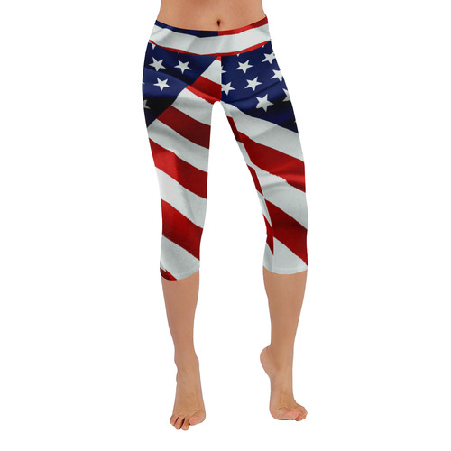 America Flag Banner Patriot Stars Stripes Freedom Women's Low Rise Capri Leggings (Invisible Stitch) (Model L08)