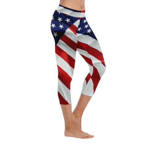 America Flag Banner Patriot Stars Stripes Freedom Women's Low Rise Capri Leggings (Invisible Stitch) (Model L08)