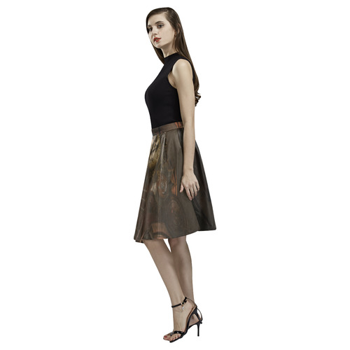 Vintage gothic brown steampunk clocks and gears Melete Pleated Midi Skirt (Model D15)