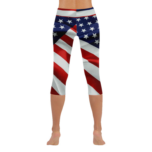 America Flag Banner Patriot Stars Stripes Freedom Women's Low Rise Capri Leggings (Invisible Stitch) (Model L08)