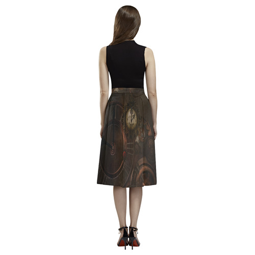Vintage gothic brown steampunk clocks and gears Aoede Crepe Skirt (Model D16)