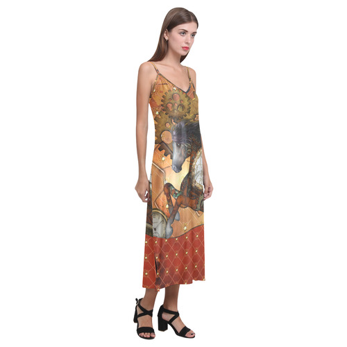 Steampunk, awesome steampunk horse V-Neck Open Fork Long Dress(Model D18)