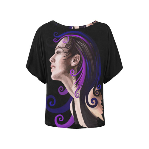 Daydreaming pretty young woman oil, purple Women's Batwing-Sleeved Blouse T shirt (Model T44)
