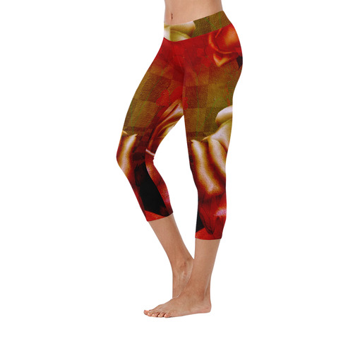 Wonderful red roses Women's Low Rise Capri Leggings (Invisible Stitch) (Model L08)