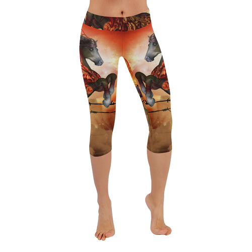 Awesome creepy horse with skulls Women's Low Rise Capri Leggings (Invisible Stitch) (Model L08)