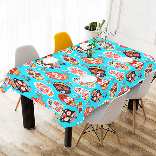 Sugar Skull Day of the Dead Floral Pattern Cotton Linen Tablecloth 60"x 104"