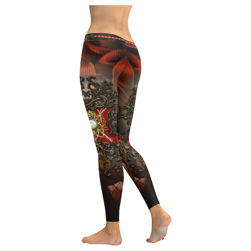 Red floral design Women's Low Rise Leggings (Invisible Stitch) (Model L05)