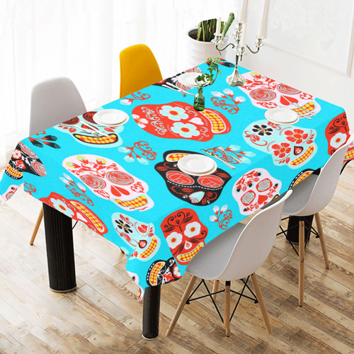 Sugar Skull Day of the Dead Floral Pattern Cotton Linen Tablecloth 60" x 90"