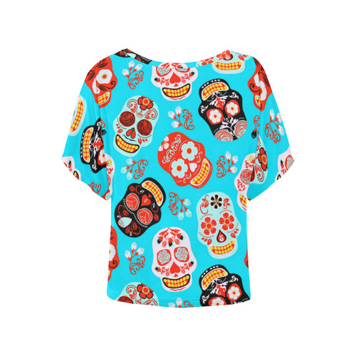 Sugar Skull Day of the Dead Floral Pattern Women's Batwing-Sleeved Blouse T shirt (Model T44)