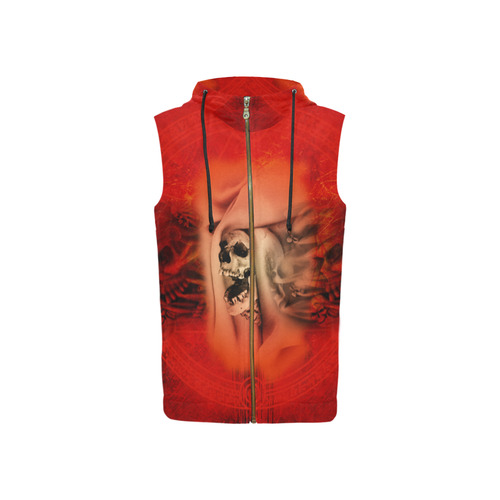 Creepy skulls on red background All Over Print Sleeveless Zip Up Hoodie for Women (Model H16)
