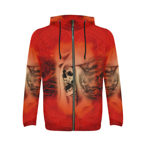 Creepy skulls on red background All Over Print Full Zip Hoodie for Men (Model H14)