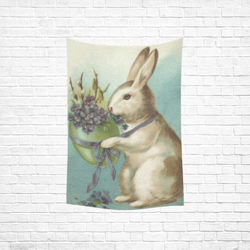 Vintage Easter Bunny Green Egg Violets Floral Cotton Linen Wall Tapestry 40"x 60"
