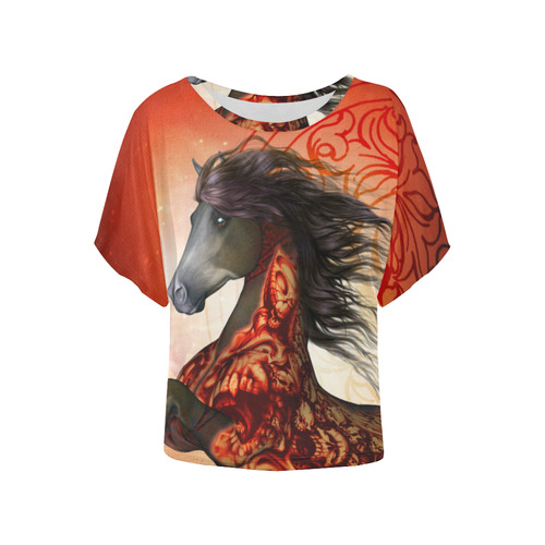 Awesome creepy horse with skulls Women's Batwing-Sleeved Blouse T shirt (Model T44)