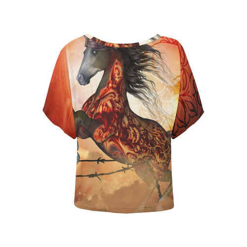 Awesome creepy horse with skulls Women's Batwing-Sleeved Blouse T shirt (Model T44)
