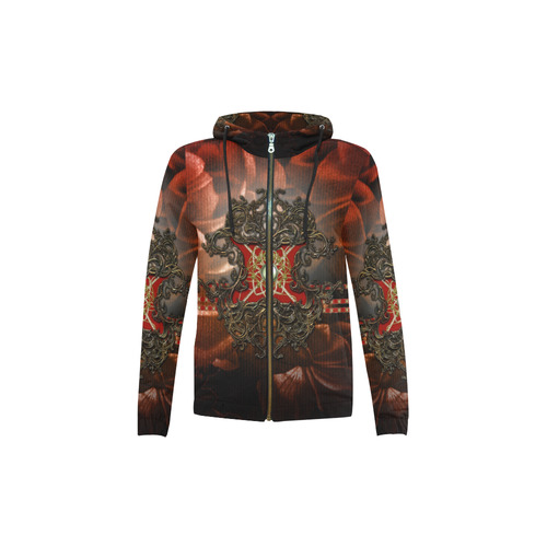 Red floral design All Over Print Full Zip Hoodie for Kid (Model H14)