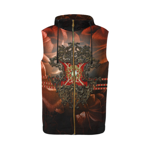 Red floral design All Over Print Sleeveless Zip Up Hoodie for Men (Model H16)