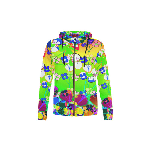 Abstract Pop Neon Flowers All Over Print Full Zip Hoodie for Kid (Model H14)