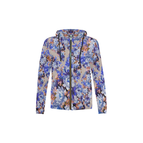 Blue And Tangerine Floral All Over Print Full Zip Hoodie for Kid (Model H14)
