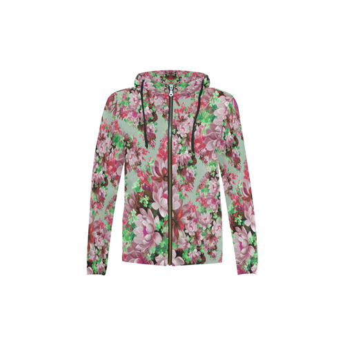 Pink And Green Floral All Over Print Full Zip Hoodie for Kid (Model H14)