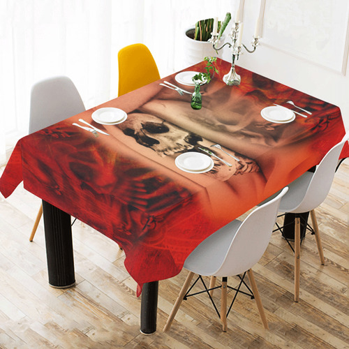 Creepy skulls on red background Cotton Linen Tablecloth 60" x 90"
