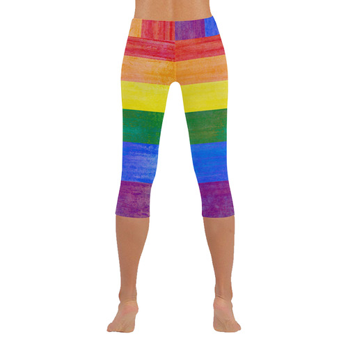 Rainbow Flag Colored Stripes Grunge Women's Low Rise Capri Leggings (Invisible Stitch) (Model L08)