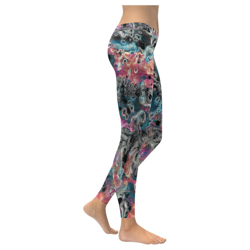 Acryl Paint Flowing Brushe Strokes Cyan Salmon Bla Women's Low Rise Leggings (Invisible Stitch) (Model L05)