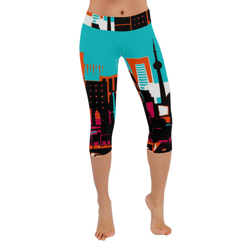 architecture skyline teal black orange Women's Low Rise Capri Leggings (Invisible Stitch) (Model L08)