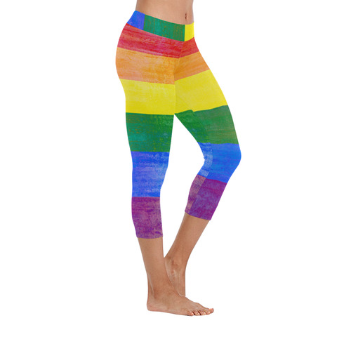 Rainbow Flag Colored Stripes Grunge Women's Low Rise Capri Leggings (Invisible Stitch) (Model L08)