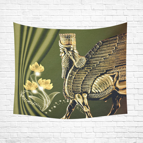 Green Lamassu Wall Tapestry Cotton Linen Wall Tapestry 60"x 51"