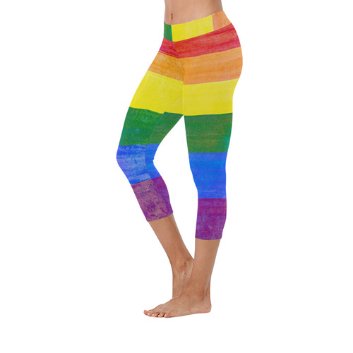 Rainbow Flag Colored Stripes Grunge Women's Low Rise Capri Leggings (Invisible Stitch) (Model L08)