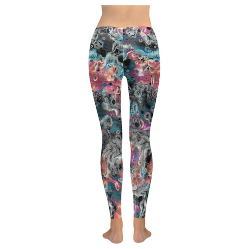 Acryl Paint Flowing Brushe Strokes Cyan Salmon Bla Women's Low Rise Leggings (Invisible Stitch) (Model L05)