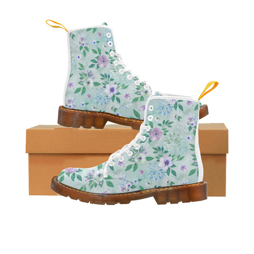 Watercolor Spring Flowers Pattern cyan lilac Martin Boots For Women Model 1203H