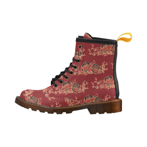 Dotwork Roses Bouquet - Dark Red Blck High Grade PU Leather Martin Boots For Women Model 402H