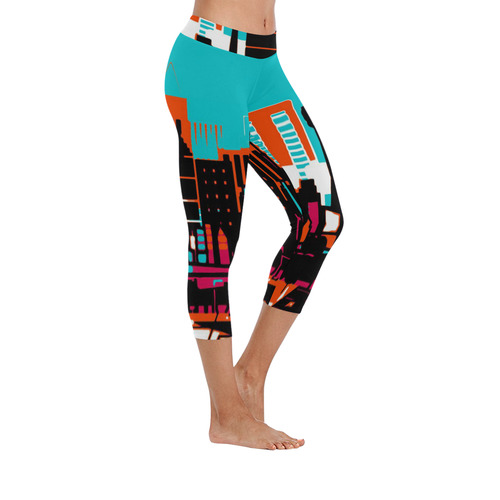 architecture skyline teal black orange Women's Low Rise Capri Leggings (Invisible Stitch) (Model L08)