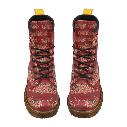 Dotwork Roses Bouquet - Dark Red Blck High Grade PU Leather Martin Boots For Women Model 402H