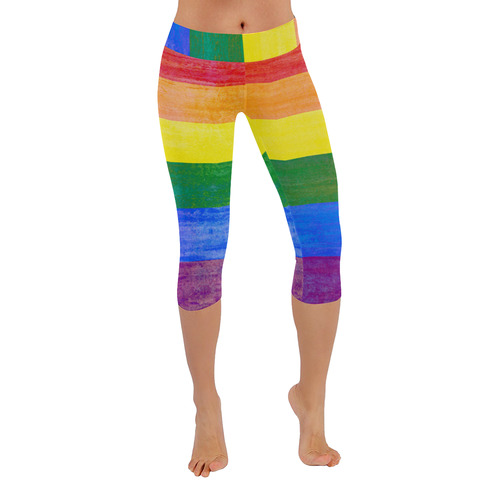 Rainbow Flag Colored Stripes Grunge Women's Low Rise Capri Leggings (Invisible Stitch) (Model L08)