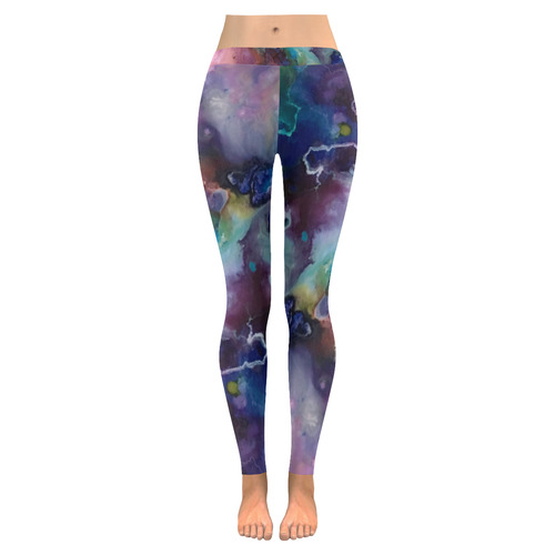 Abstract Watercolor Painting blue rose purple Women's Low Rise Leggings (Invisible Stitch) (Model L05)