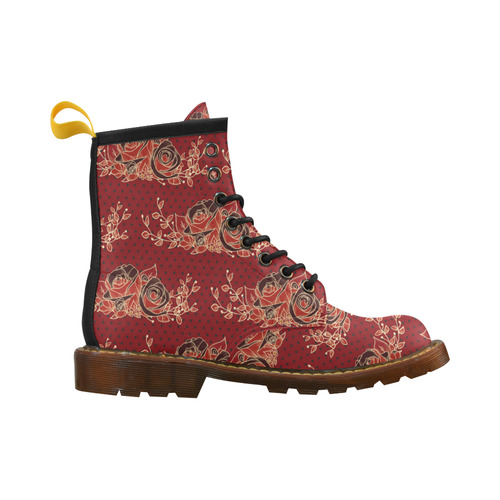 Dotwork Roses Bouquet - Dark Red Blck High Grade PU Leather Martin Boots For Men Model 402H