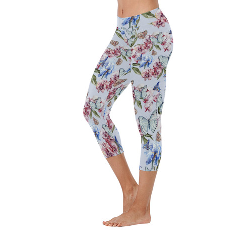 Watercolor Flowers Butterflies Pattern blue red Women's Low Rise Capri Leggings (Invisible Stitch) (Model L08)