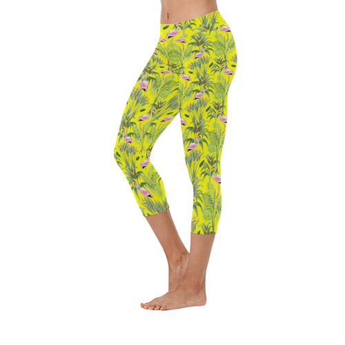 Paradise Plants and Flamingos Pattern Women's Low Rise Capri Leggings (Invisible Stitch) (Model L08)