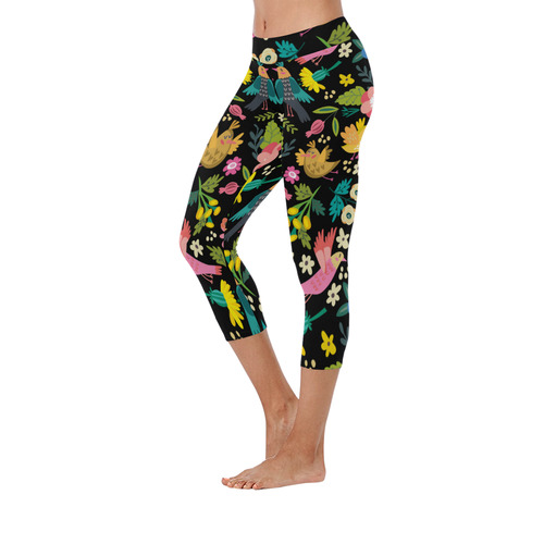 Spring Flowers And Birds Pattern I Women's Low Rise Capri Leggings (Invisible Stitch) (Model L08)